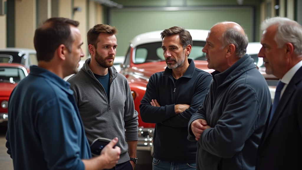Grupa autoentuziastu diskutē par klasiskajiem automobiļiem izstādes telpā